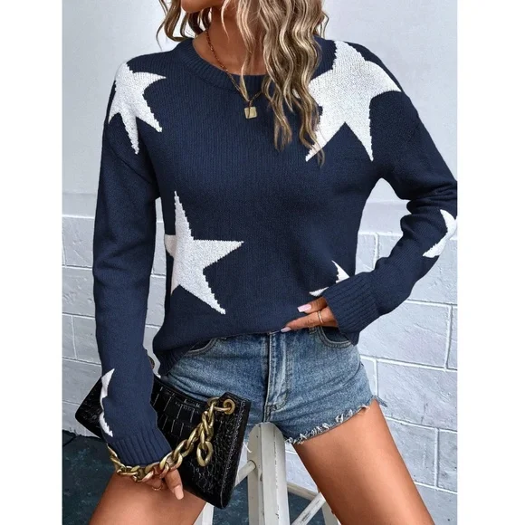 Star Print Navy Blue Knit Sweater Pullover Long Sleeve Crew Neck - Picture 4 of 6